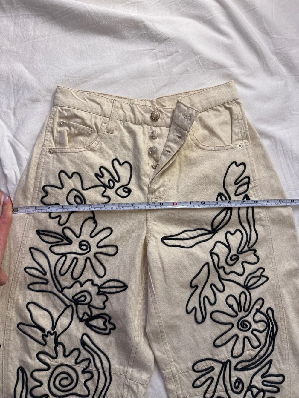 We The Free Cream Jeans with Black Floral Outline Embroidery - Picture 3 of 16